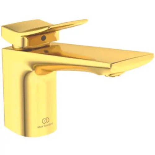 Wascharmatur in Goldoptik von Ideal Standard mit einem flachen Hebel und einer breiten Auslauffläche. Eignet sich für moderne Badezimmer und Waschbecken.